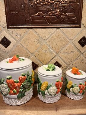 3-Piece Ceramic Vegetable Canister Set in White with Colorful Vegetable Accents
